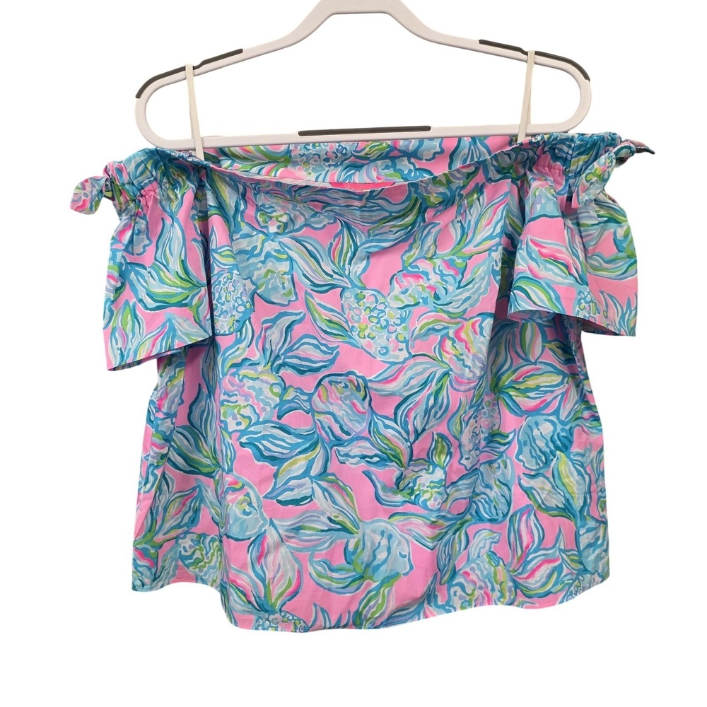 Lilly Pulitzer Spaghetti Strap Top Women L Pink Floral Bow Sleeve Coastal Beachy